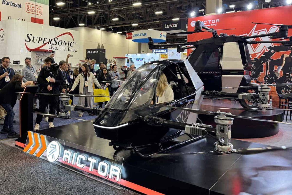 Rictor X4 eVTOL air mobility pod on display at CES 2026 surrounded by expo attendees