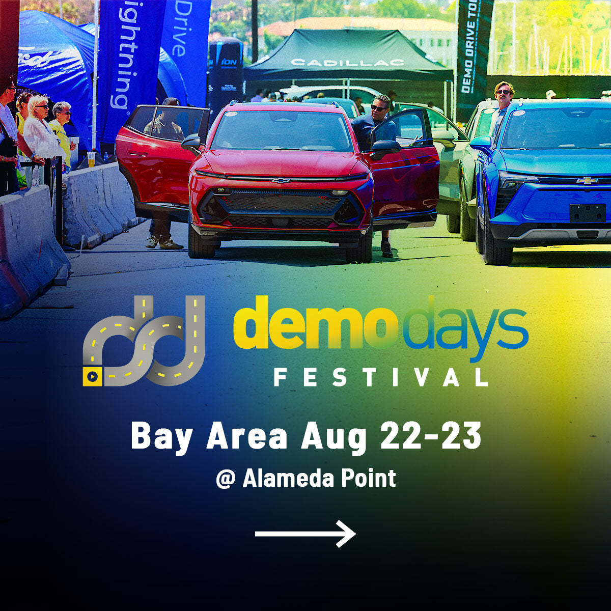 Promotional graphic for Demo Days Festival San Francisco on August 22-23 at Alameda Point with cars and event details.