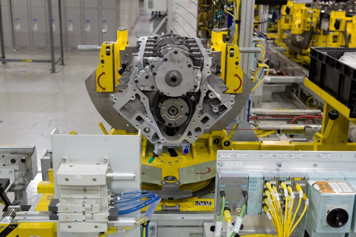V8 engine block mounted on an assembly fixture on the production floor at GM's St. Catharines Propulsion Plant in Ontario