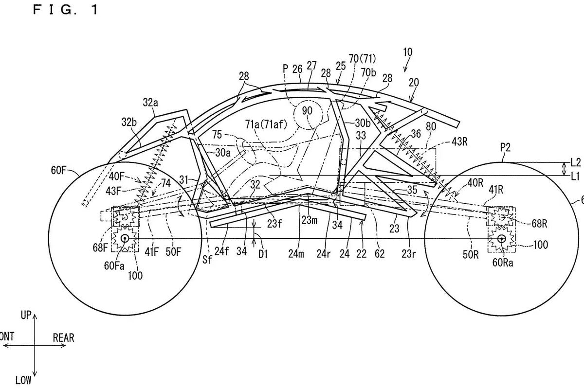 Kawasaki H2-powered rock bouncer UTV patent drawing showing full chassis profile