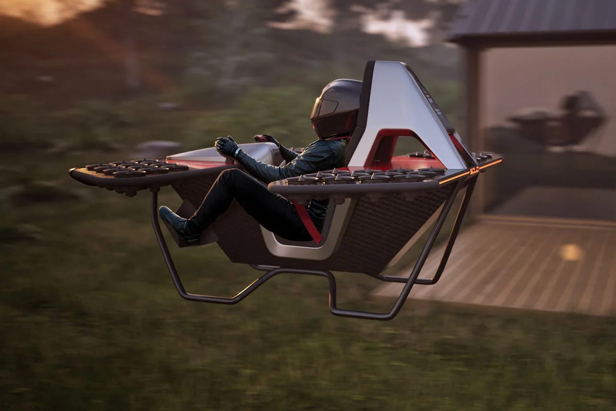 LEO Flight Solo JetBike electric ultralight aircraft in flight at sunset with a helmeted pilot