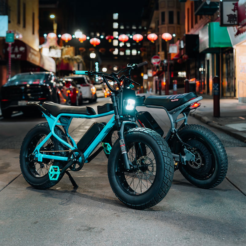 Colorful customized electric bike son display at night