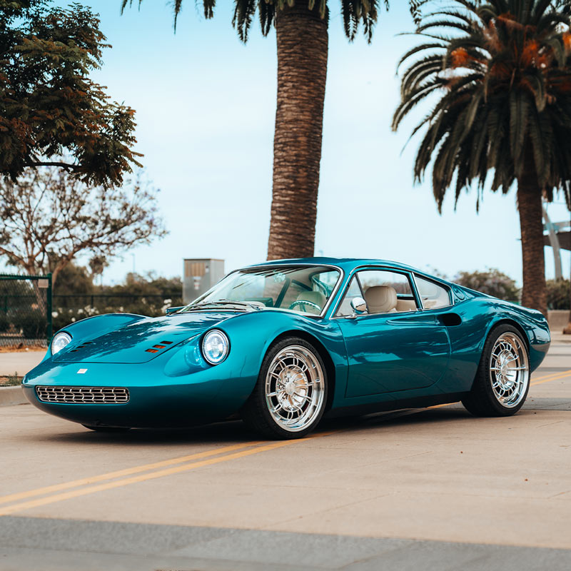 Turquoise EV Conversion sports car at Demo Days Showoff